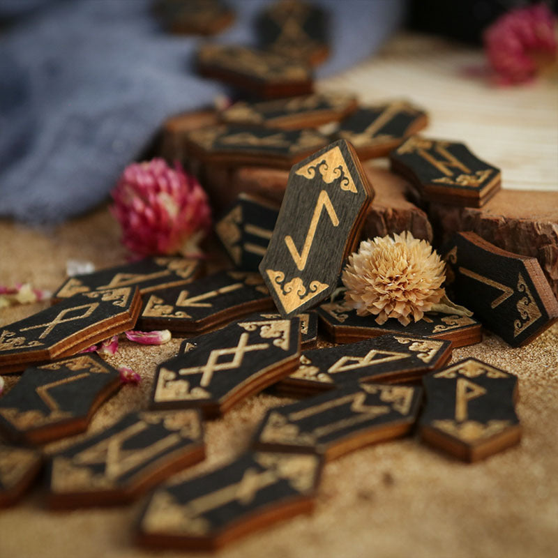 Woodcut Rune Text Set Black Symbols