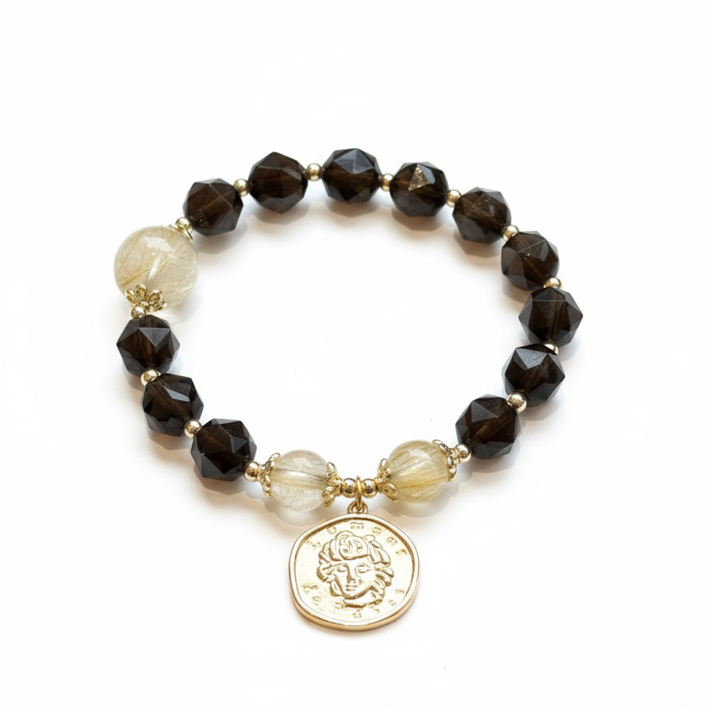 黑色切面珠金发晶手链白底图