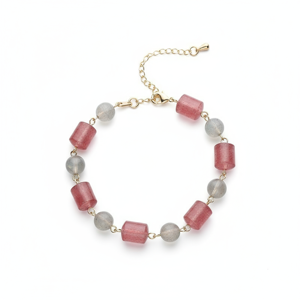 灰月光石草莓晶手链-白底金链版