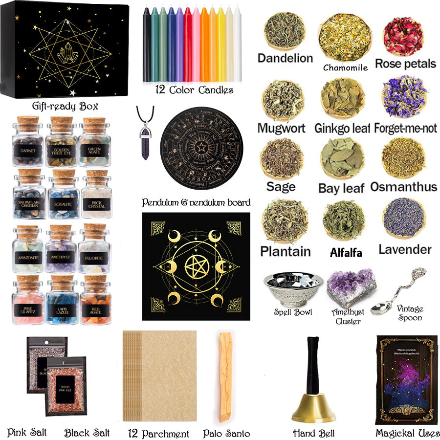 Witchcraft Kit Natural Crystal Raw Stones Dried Flowers and Herbal Crystals Magic Set Box 58pcs