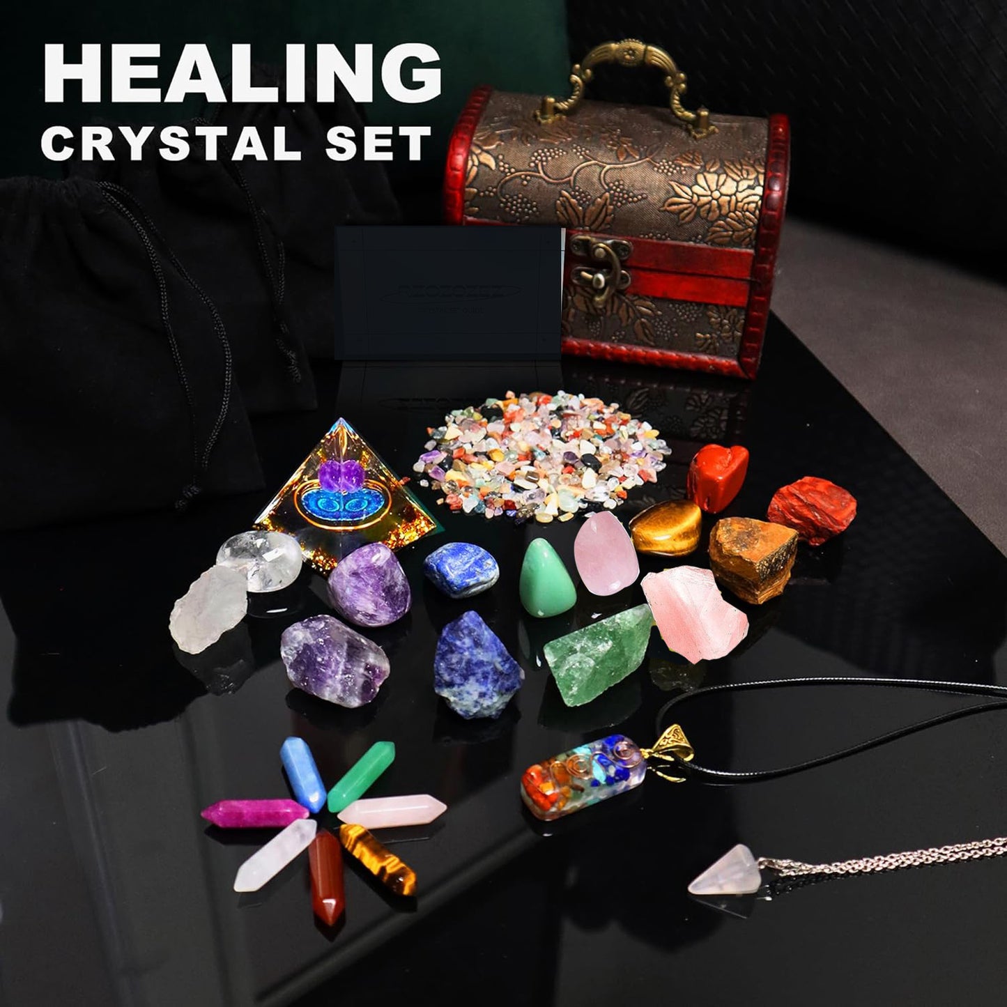 Natural Crystal Seven-color Set, Crystal Pyramid crystal, Rough stone, Colling stone set