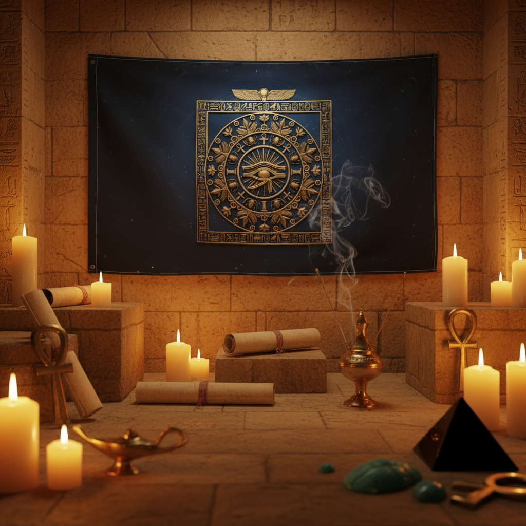 Ancient Egyptian Wisdom Mandala Flag - Atmospheric Product Image