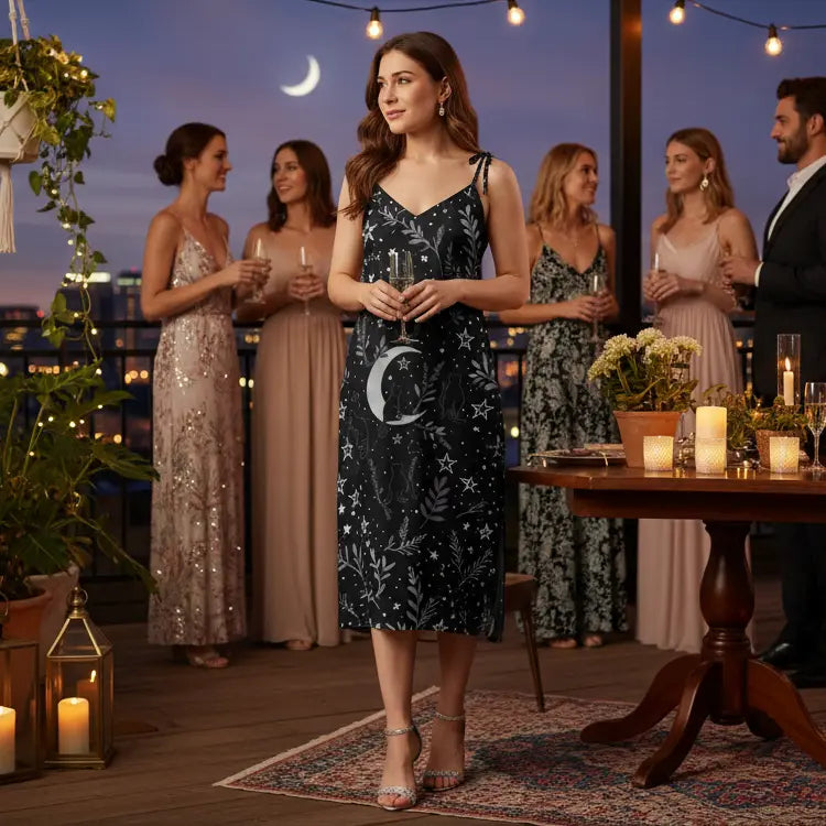 Black Silver Moon Stars Botanical Slip Dress Lifestyle Scene
