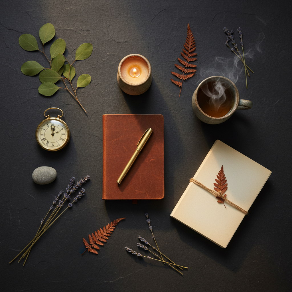 Dark flat lay with journal, pen, analog clock, tea, botanical and book — intentionally no phone