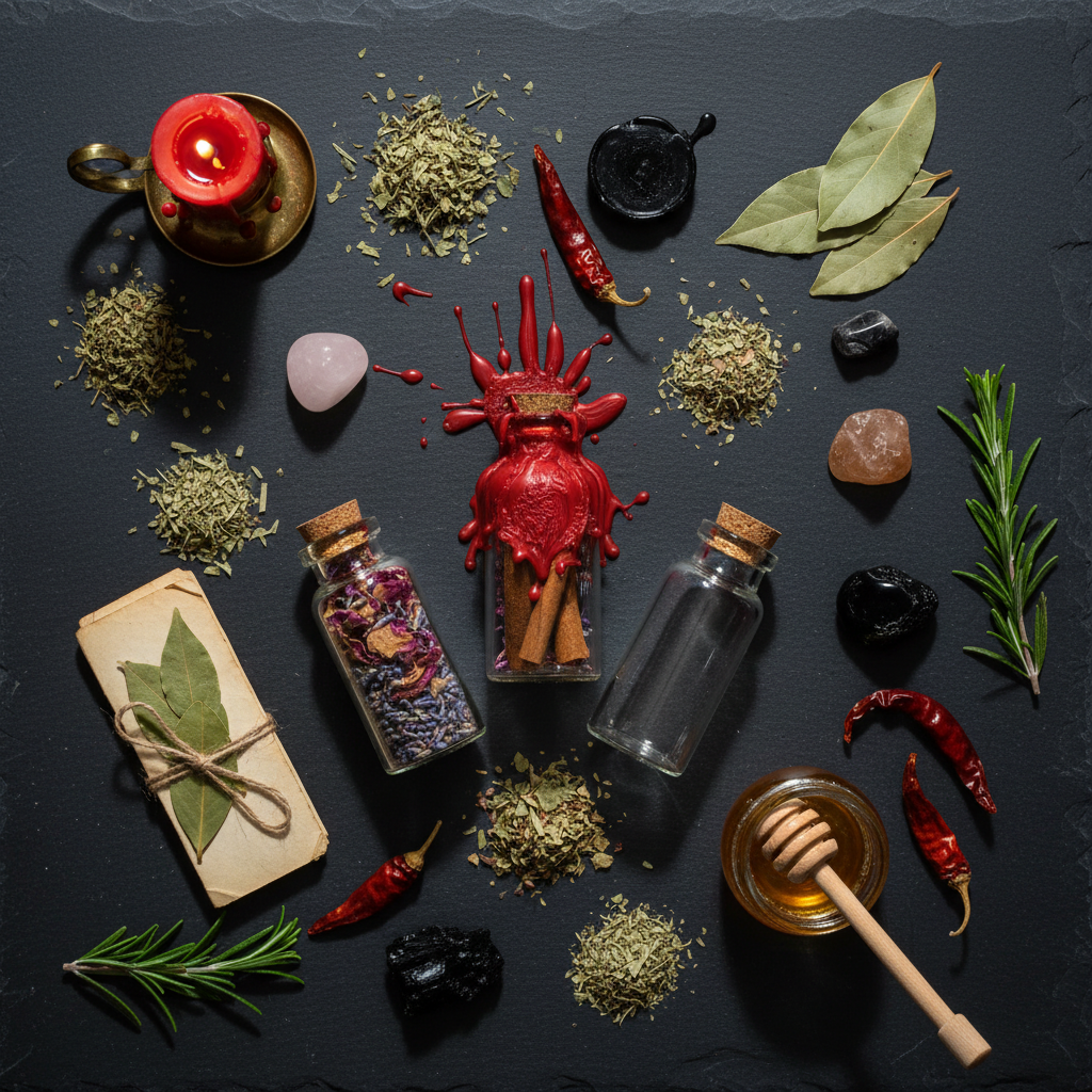 Dark flat lay with spell jars, dried herbs, tumbled crystals, petition paper, sealing wax and honey dipper