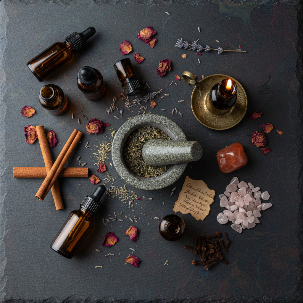 Dark flat lay with amber dropper bottles, mortar and pestle, dried herbs, crystals and candle