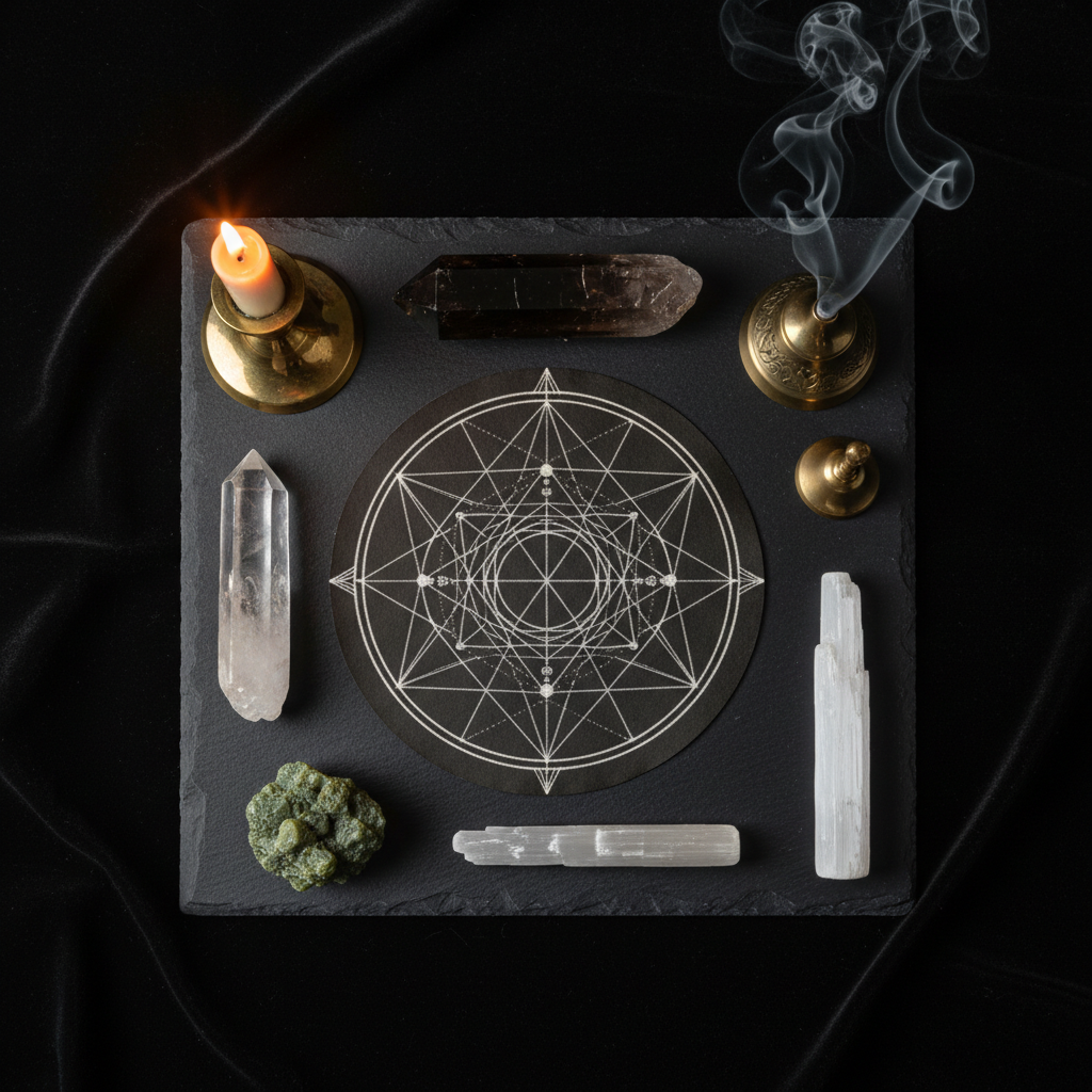 Dark flat lay with master quartz crystals, moldavite tektite, selenite wand, brass candle and sacred grid on dark parchment