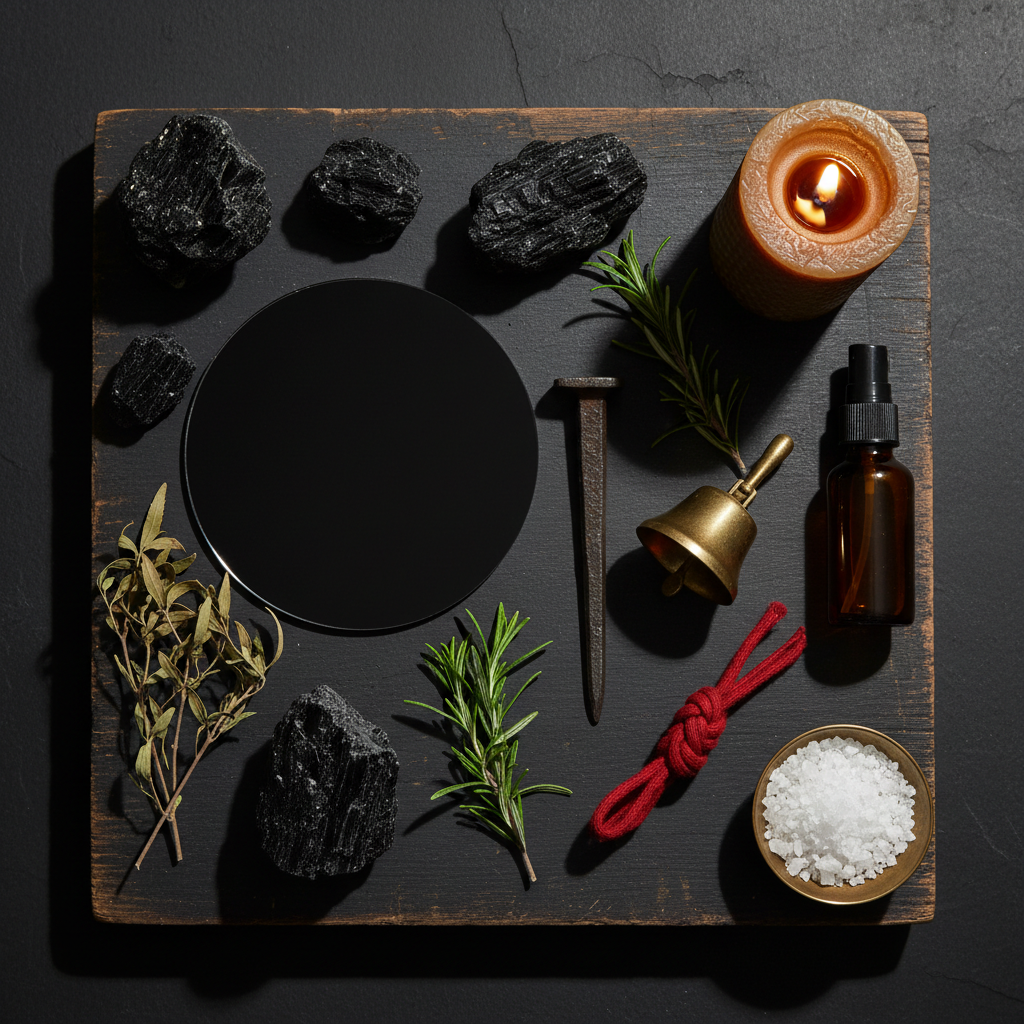 Dark flat lay with polished obsidian mirror, raw black tourmaline stones, forged iron nail, brass bell, rue and rosemary sprigs, and burning beeswax candle