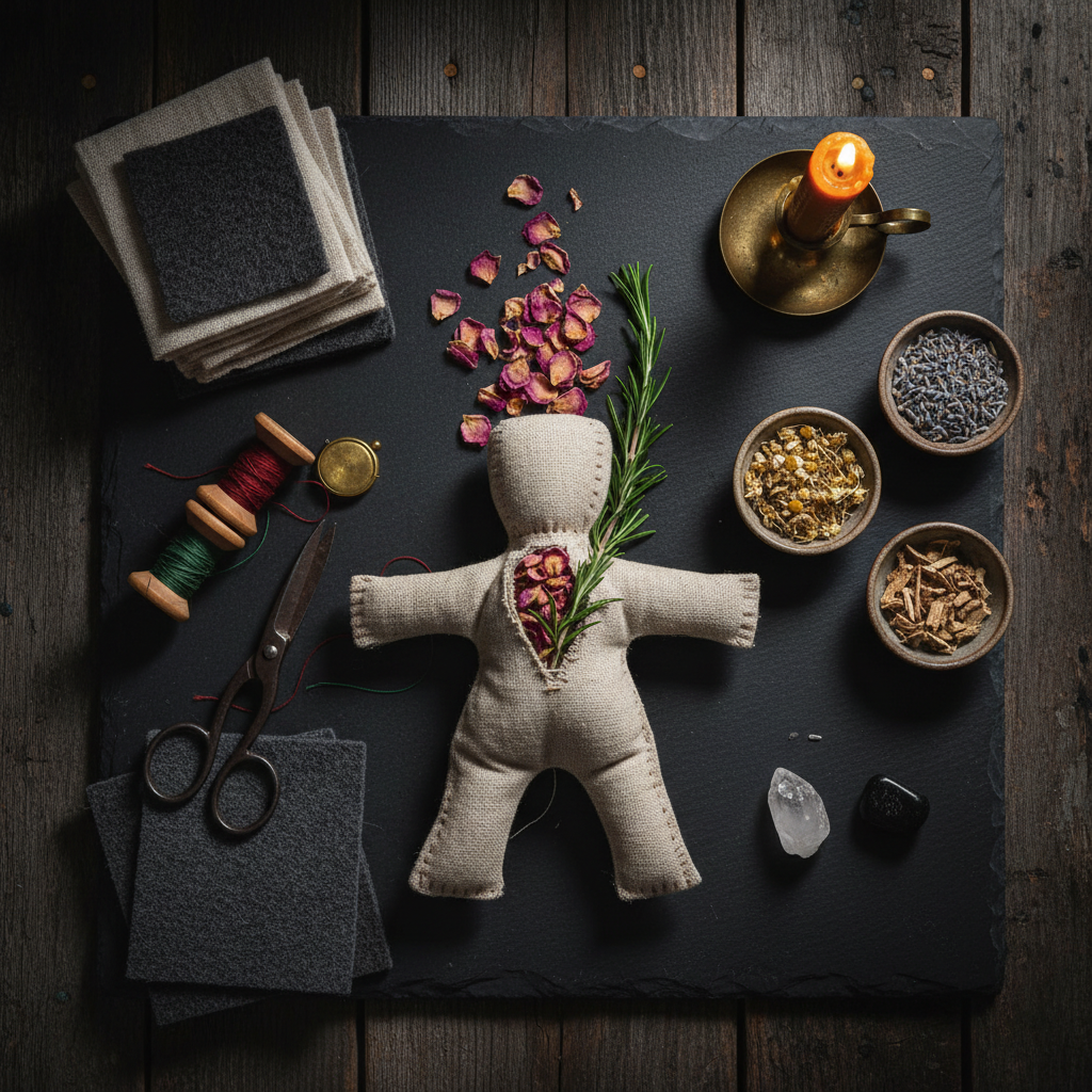 Dark flat lay with handcrafted linen poppet doll with open heart seam, dried herbs, antique iron scissors, spools of thread and quartz crystals