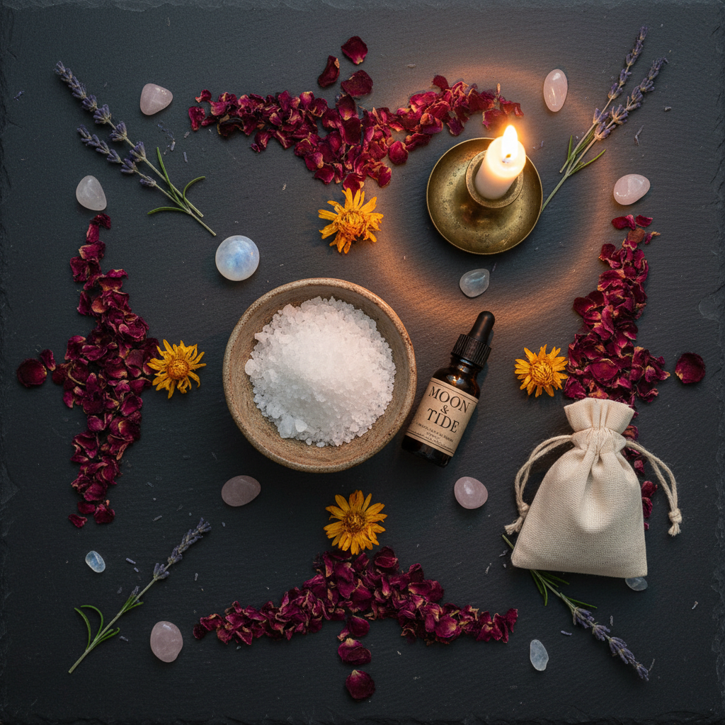 Dark flat lay with sea salt, essential oils, rose petals, moonstone and candle for ritual bath