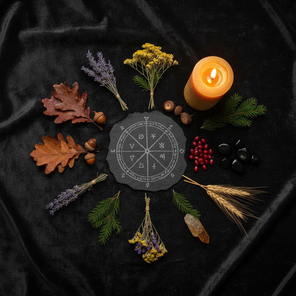 Dark flat lay with wheel of the year symbol, seasonal offerings, obsidian, citrine and candle