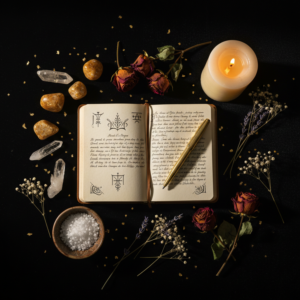 Dark flat lay with open journal, gold pen, citrine crystals and candle