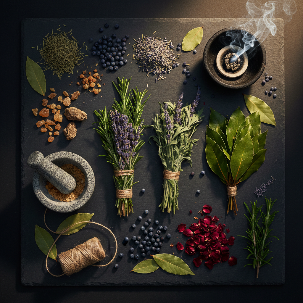 Dark flat lay with herb bundles, granite mortar with incense powder, resin tears, dried botanicals and smoldering charcoal disk