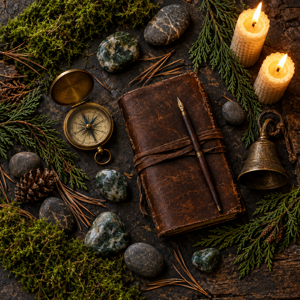 Dark flat lay with antique brass pocket compass, tumbled moss agate, leather journal, fresh moss, pine needles, bronze bell, and beeswax candles