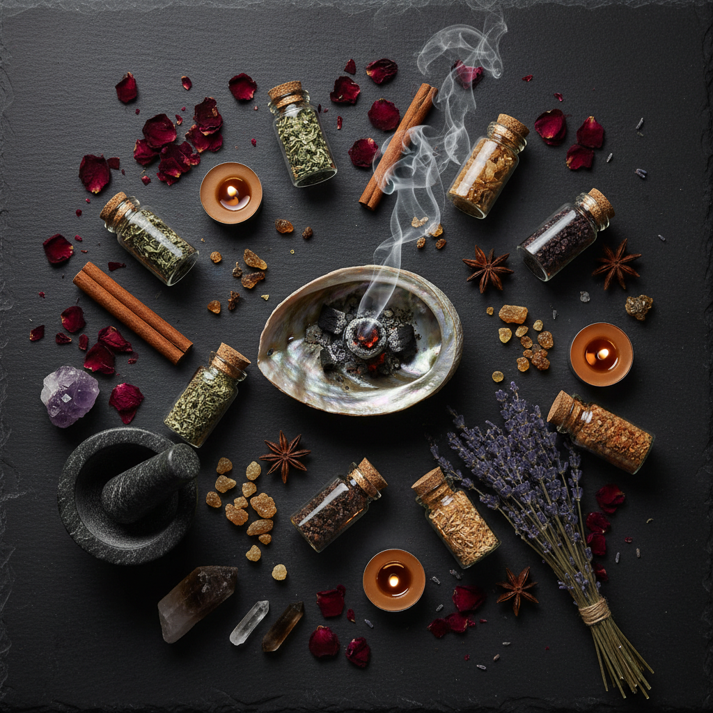 Dark flat lay with abalone shell, smoke, dried herbs, resins and crystals