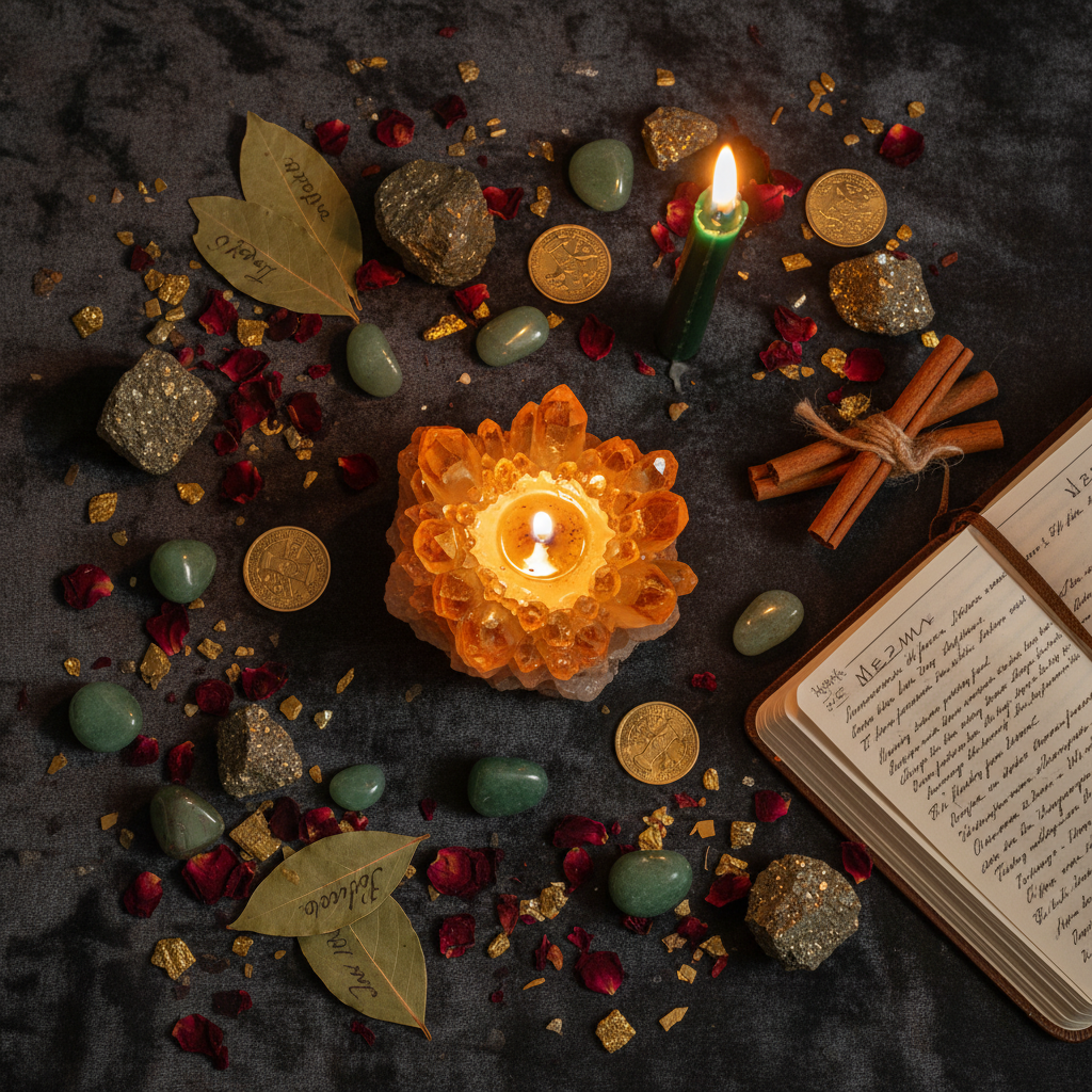 Dark flat lay with citrine, pyrite, gold coins, green candle, bay leaves and abundance journal