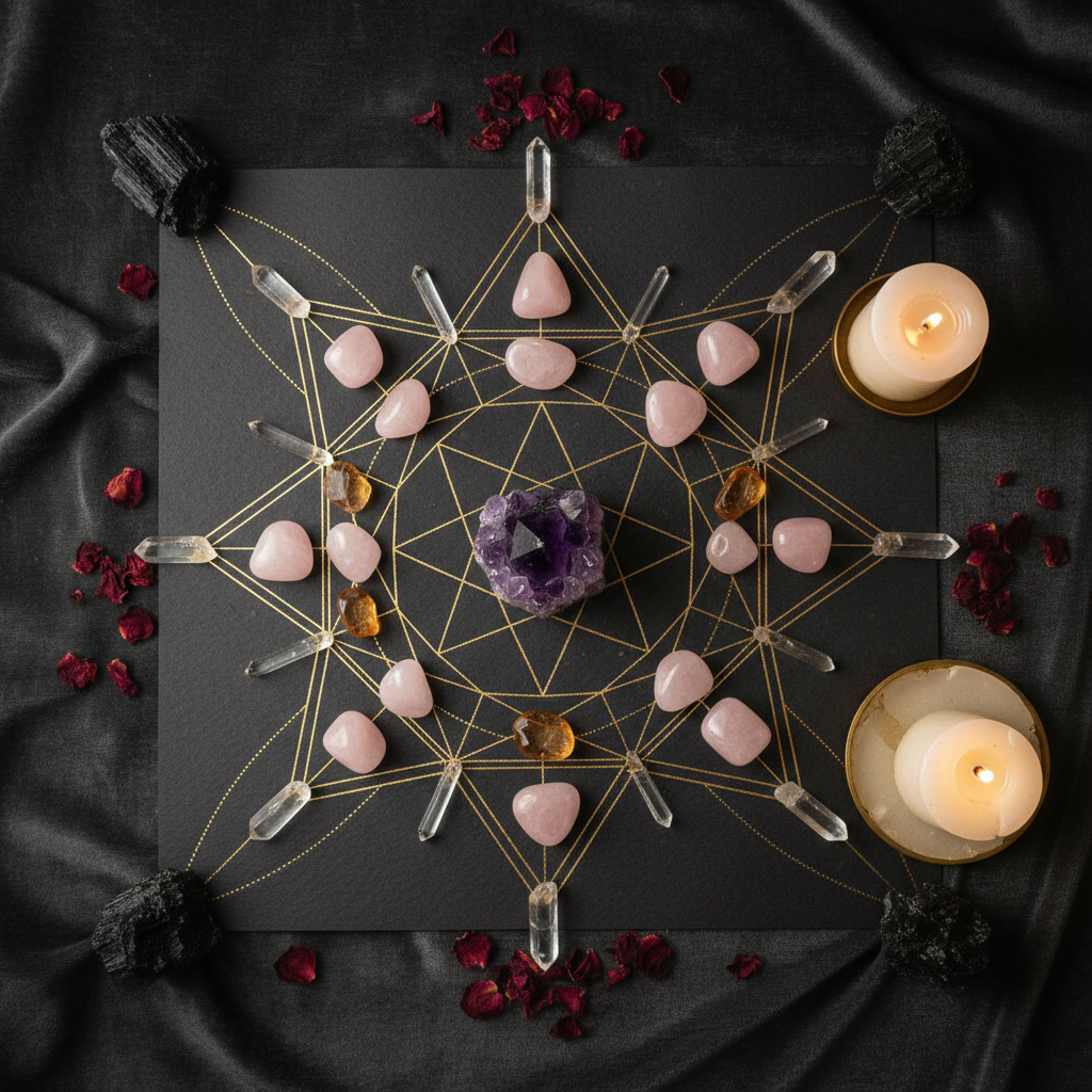 Dark flat lay overhead view of crystal grid with quartz points, amethyst and citrine on geometric pattern