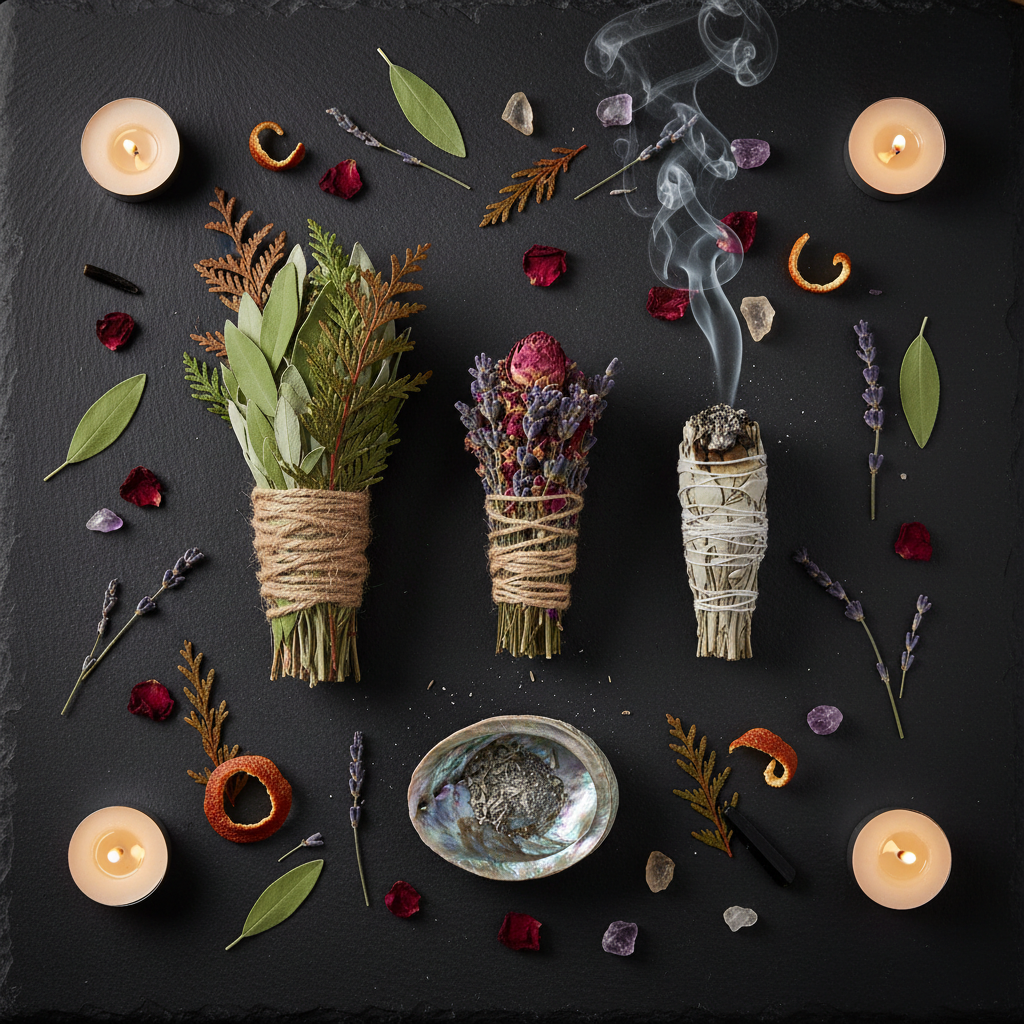 Dark flat lay with herb bundles, abalone shell, dried botanicals and crystals