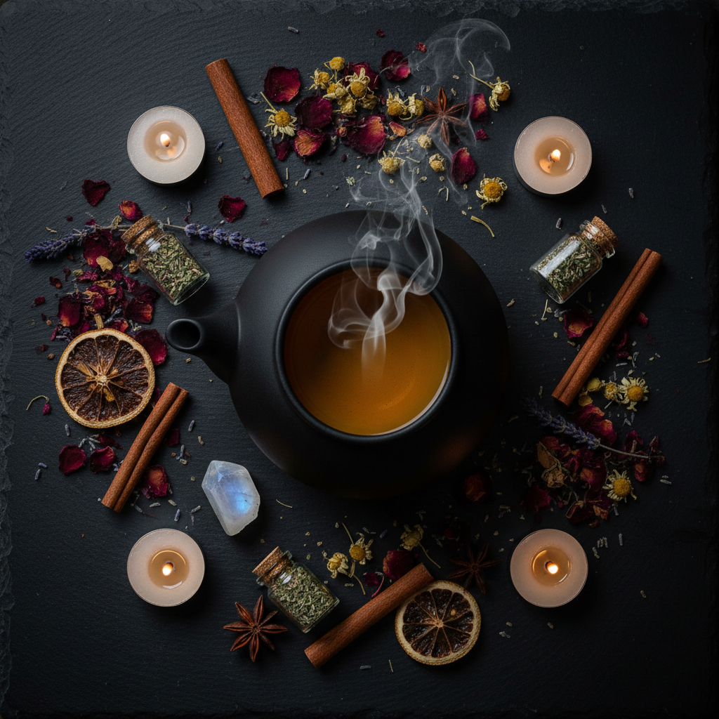 Dark flat lay with ceramic teapot, cup of tea, dried herbs, crystals and botanicals
