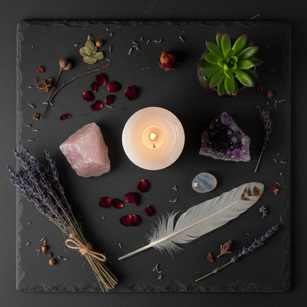 Dark flat lay with candle, crystals, dried botanicals and sacred home objects