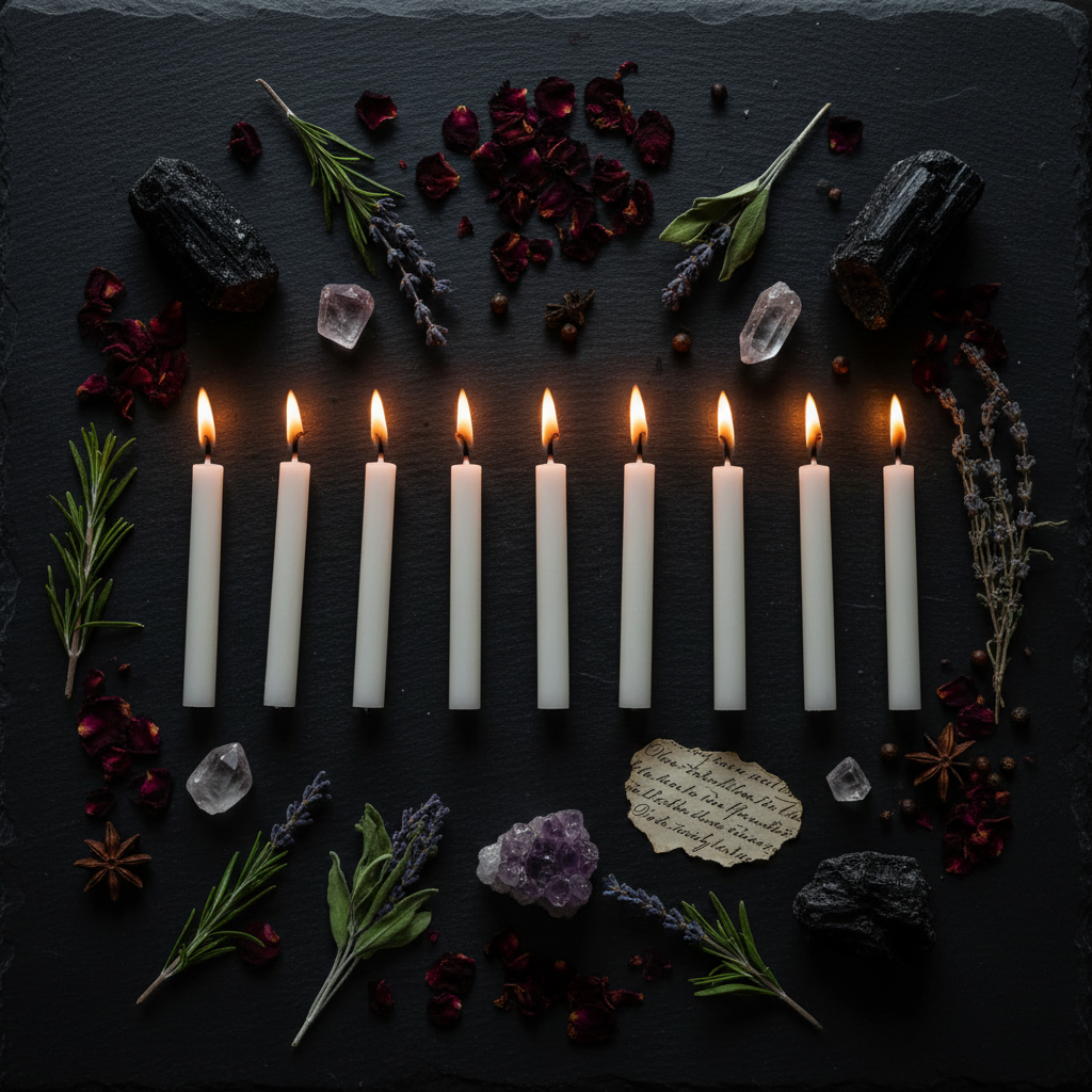 Dark flat lay with seven candles, crystals, rose petals and dried herbs