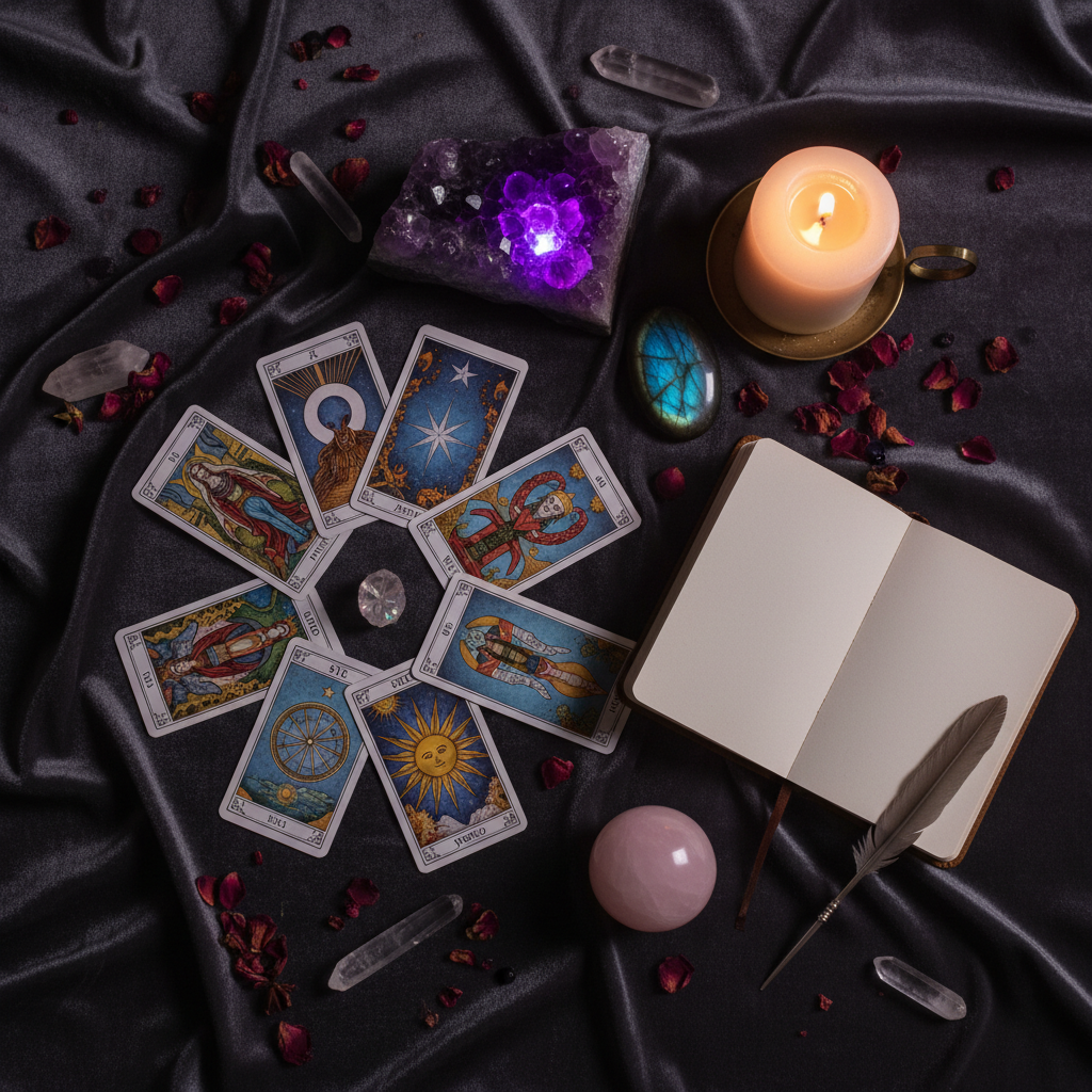 Dark flat lay with tarot spread, amethyst, labradorite, rose quartz and candle