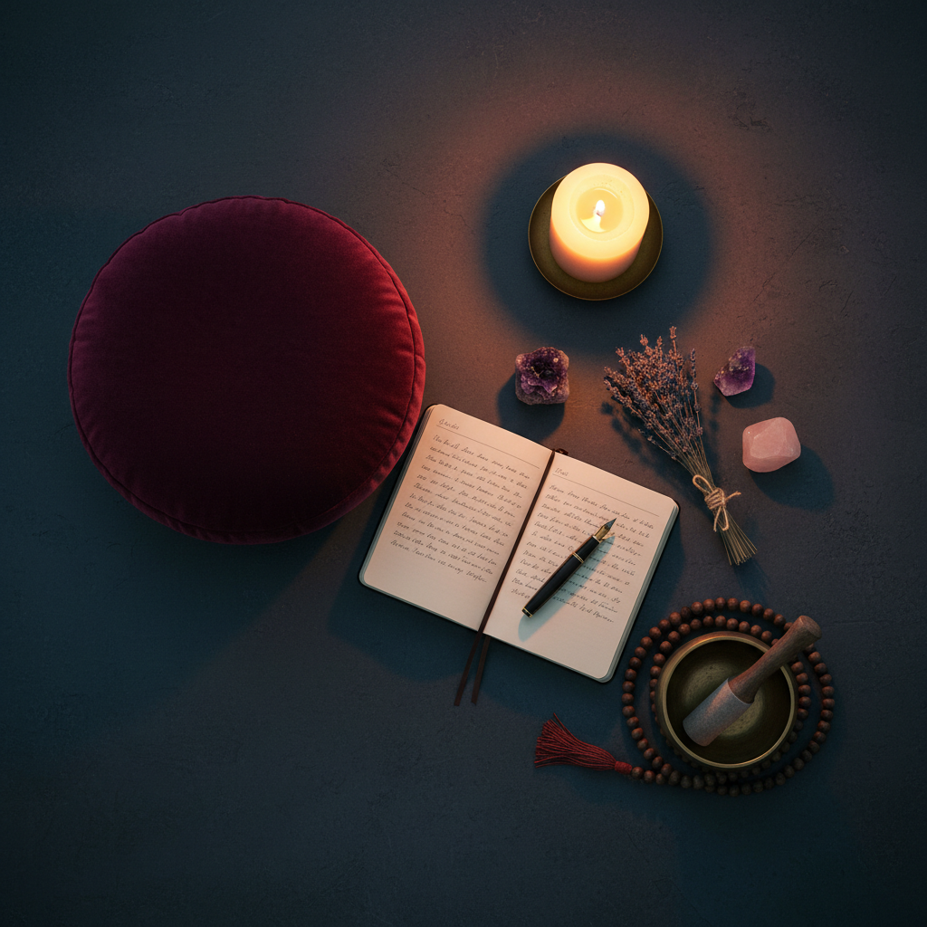 Dark flat lay with meditation cushion, journal, candle, crystals and mala beads