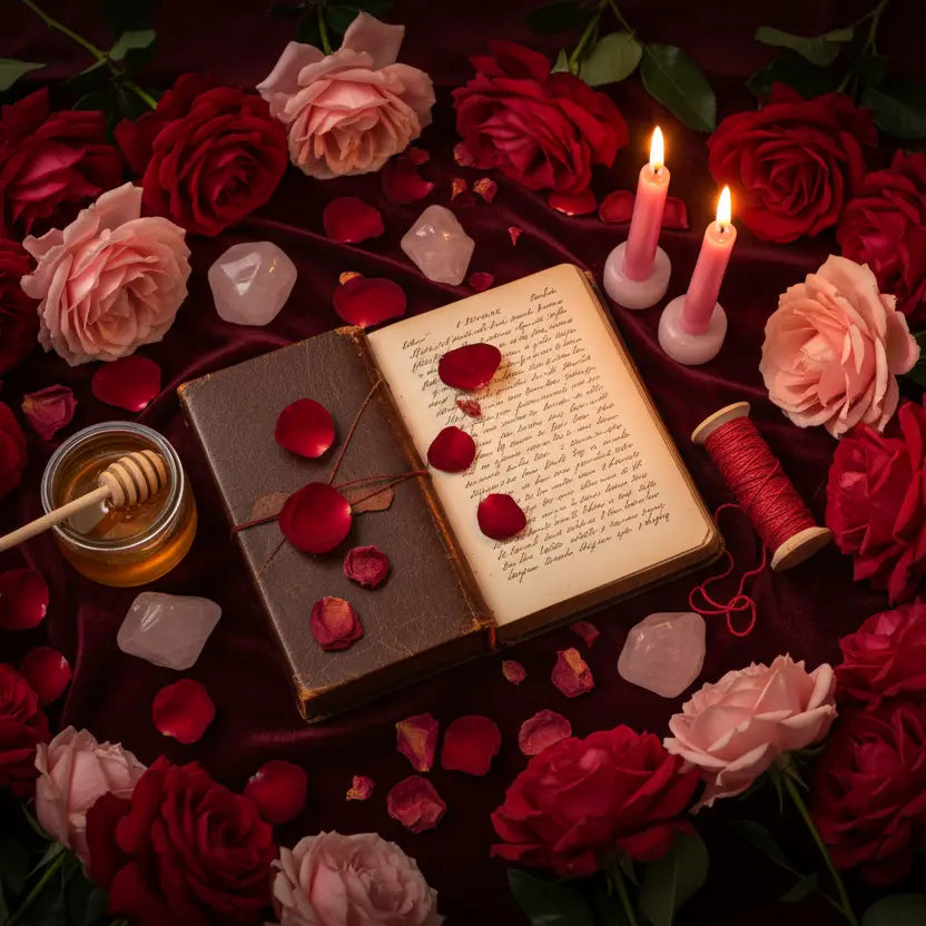 50 Love Rituals lifestyle flat lay with roses crystals and candles