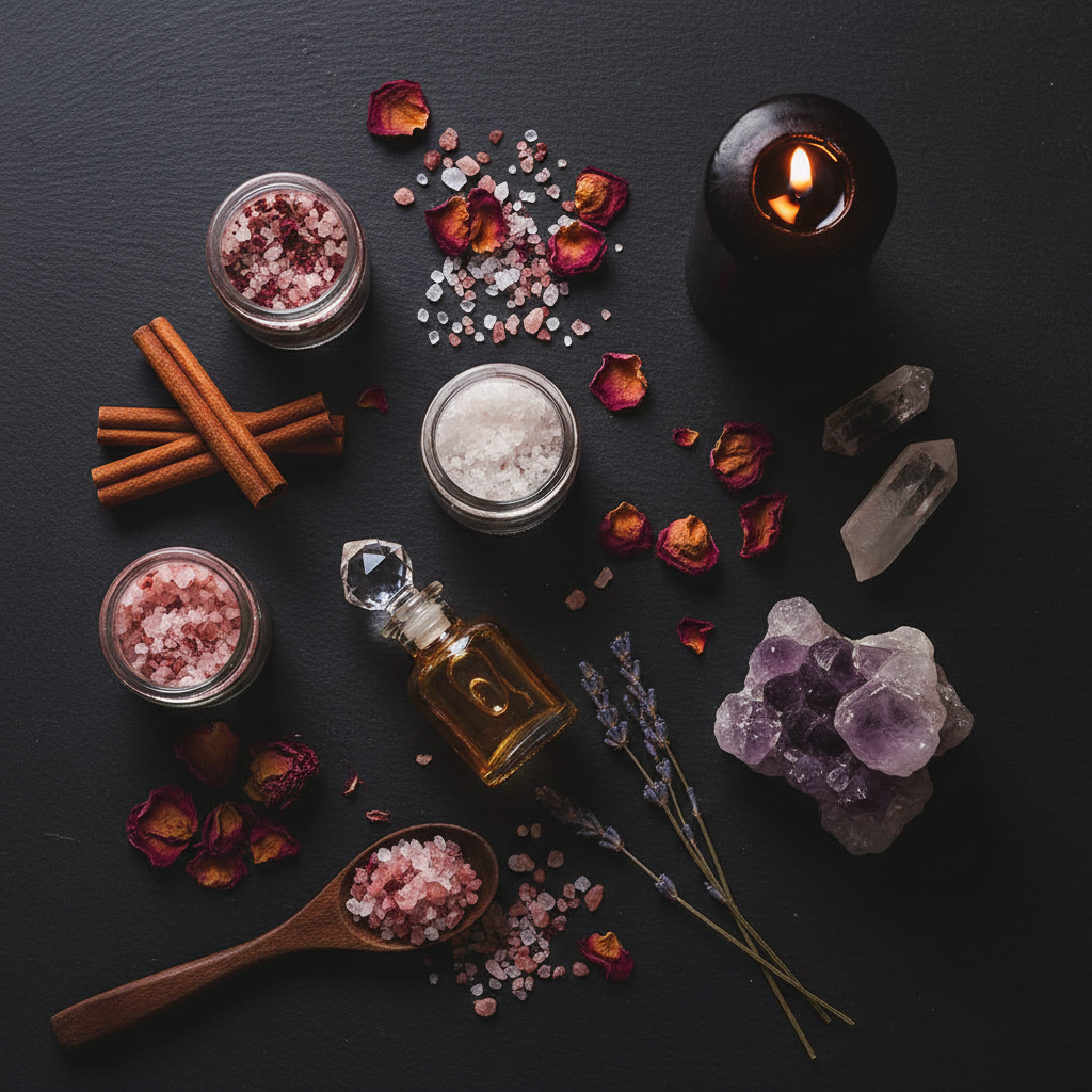 Dark flat lay with bath salts, rose petals, crystals and candle