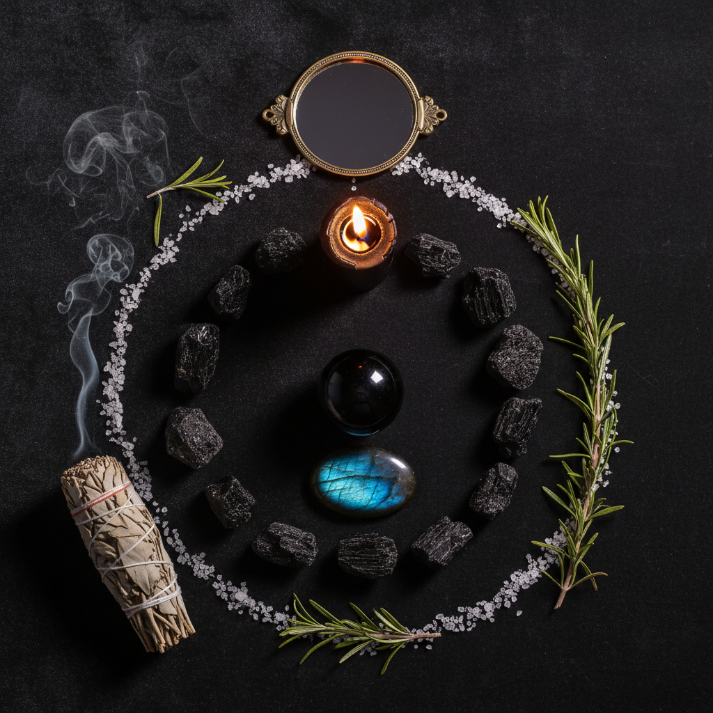 Dark flat lay with black tourmaline, obsidian, sage, salt and black candle protection setup