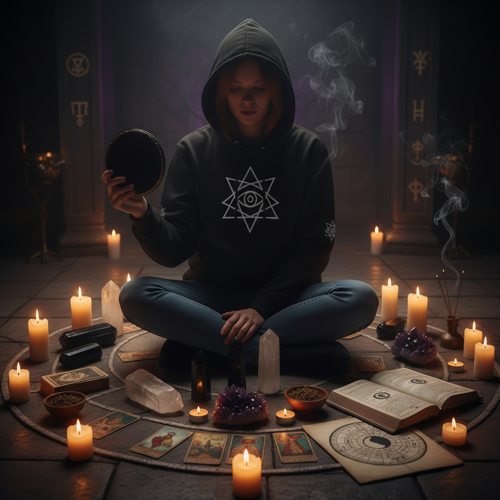 The Watcher's Mark Unisex premium mid-weight hoodie - Mystical Lifestyle Scene