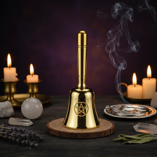 Three-Phase Moon Pentagram Ornament Brass Hand Bell - Ritual Magic Style