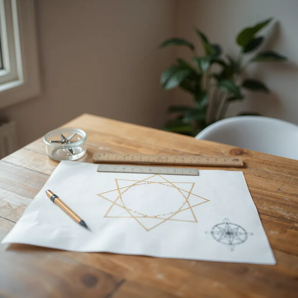 Geometric sacred pattern on drafting paper with compass and ruler on a softly lit desk