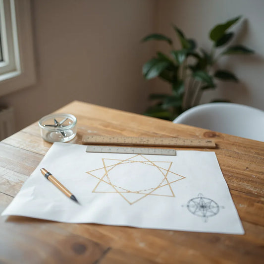 Geometric sacred pattern on drafting paper with compass and ruler on a softly lit desk