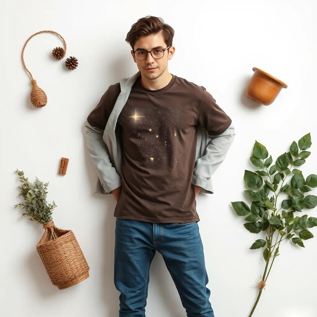 Casual outfit featuring a unisex t-shirt with a subtle celestial glow graphic against a clean neutral background