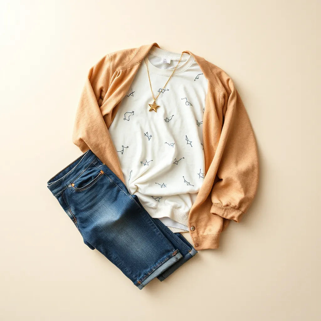 Zodiac-themed astrology apparel styled with casual jeans and a celestial accessory on a neutral background