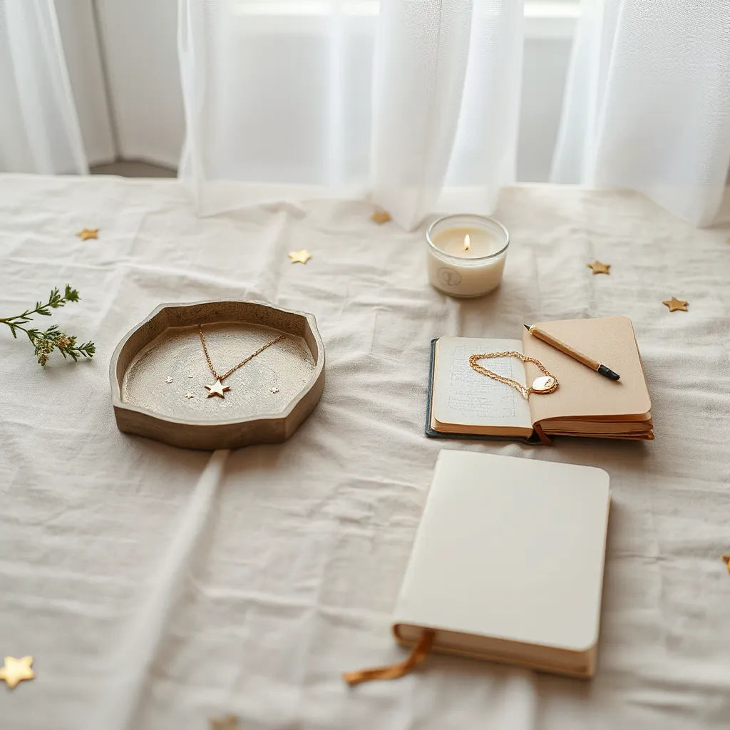 Minimal astrology-themed accessories and a candle arranged neatly on a linen surface