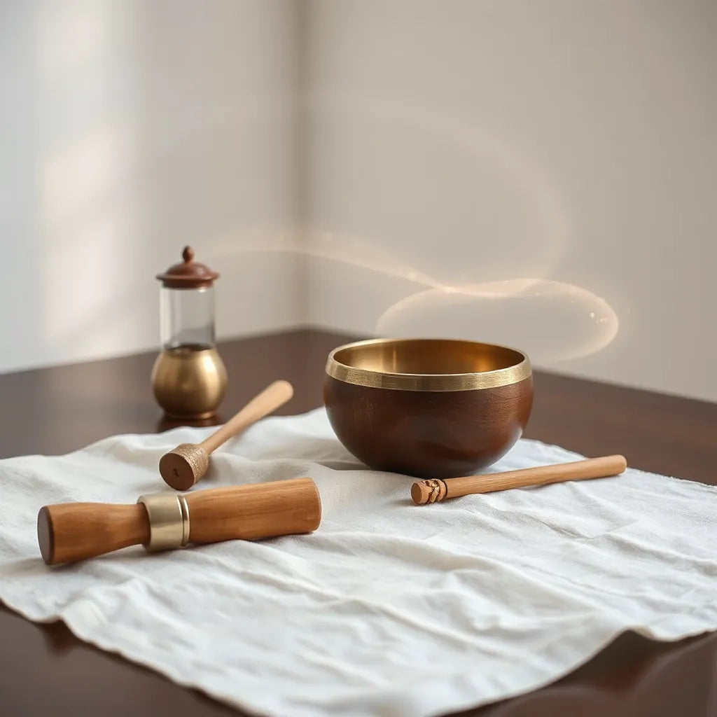 Wooden sound bowl and chime with soft glowing harmonic waves in a calm, warm-lit room