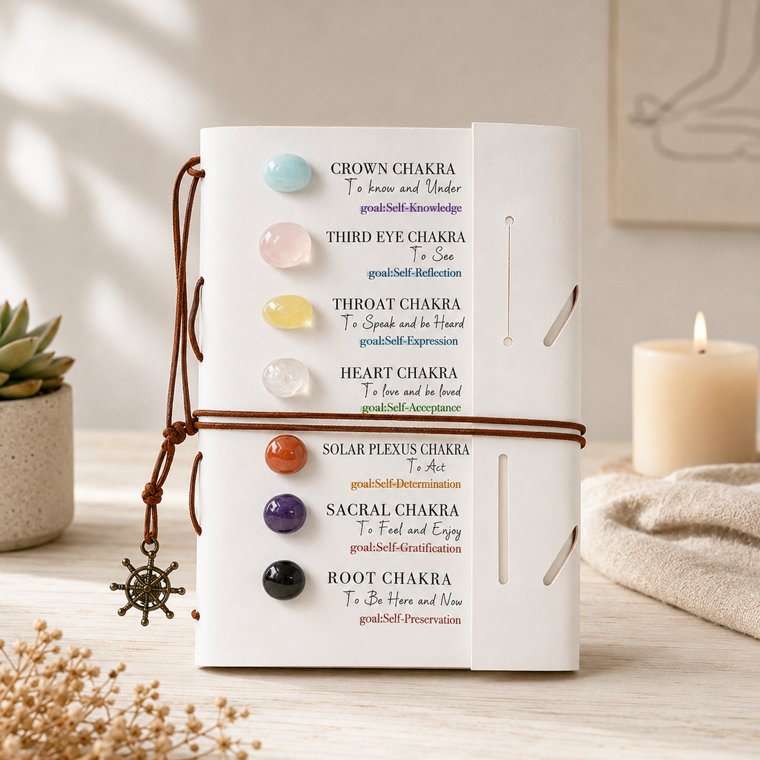 7 Chakra Crystal Journal open for manifestation ritual showing crystal spine and guided pages for seven-chakra intention setting