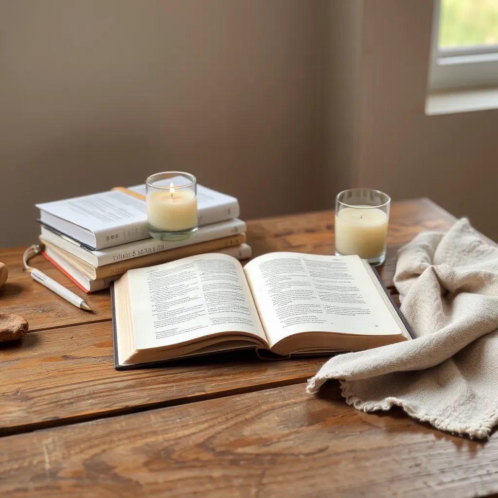 Stack of spiritual books on a wooden desk with a candle and soft warm lighting