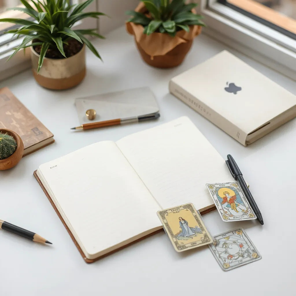 Open journal and tarot deck on a minimal desk under soft natural light