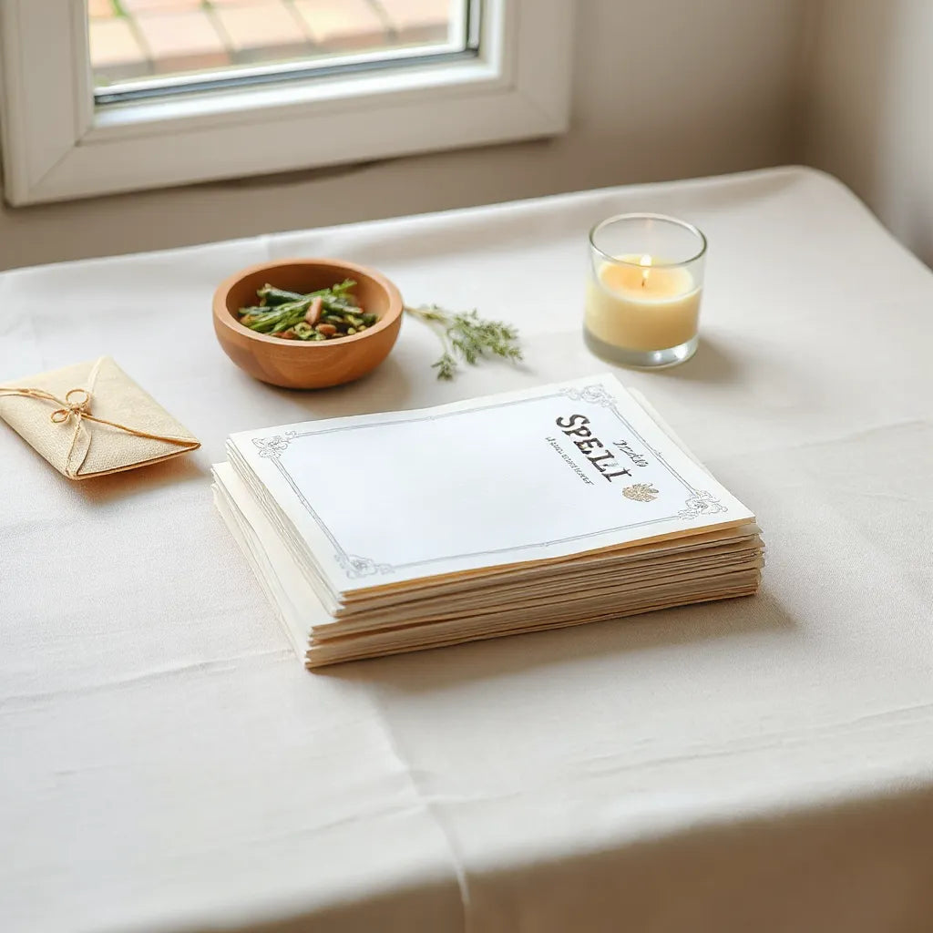 Pastel printable ritual pages beside a candle, dried herbs, and a tied envelope on a linen table