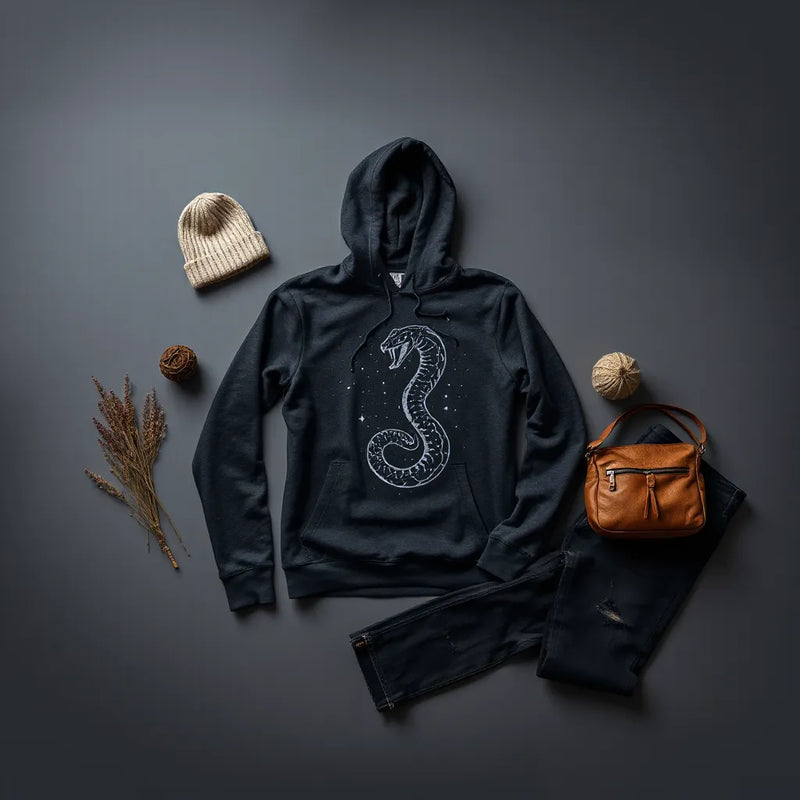 Dark hoodie and t-shirt with subtle serpent cosmic pattern styled with jeans and a beanie