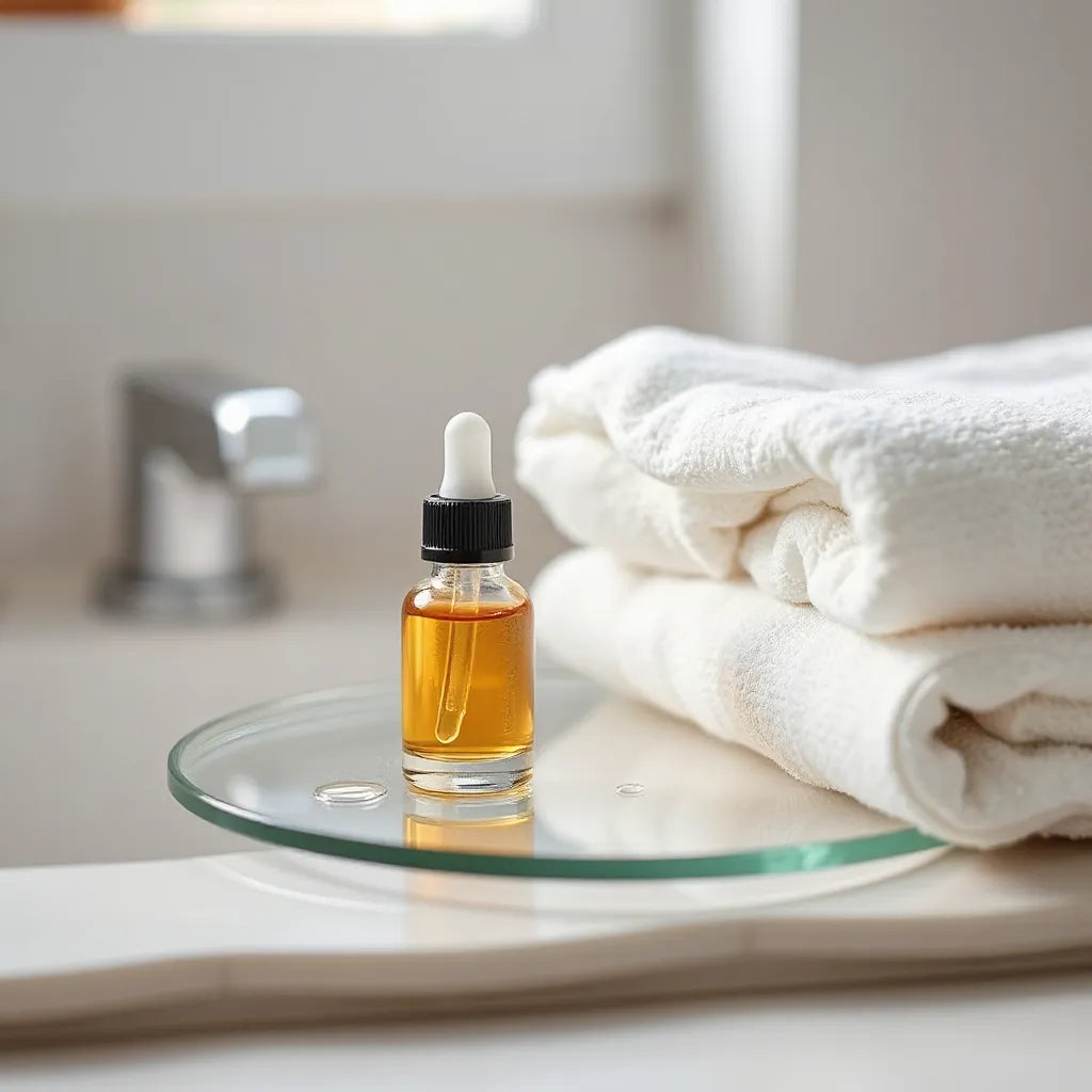 Clear glass dropper serum bottles on a minimal vanity countertop with soft natural lighting