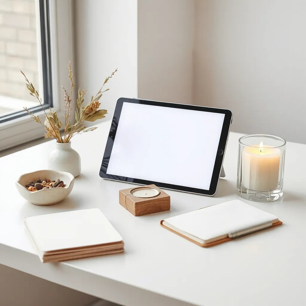 Minimal setup with a tablet, candle, dried botanicals, and a notebook for a digital ritual practice