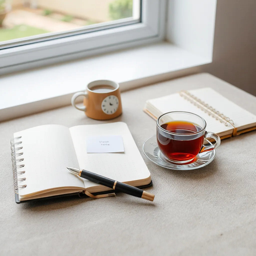 Notebook and pen on a quiet desk with soft natural light, suggesting daily personal growth planning