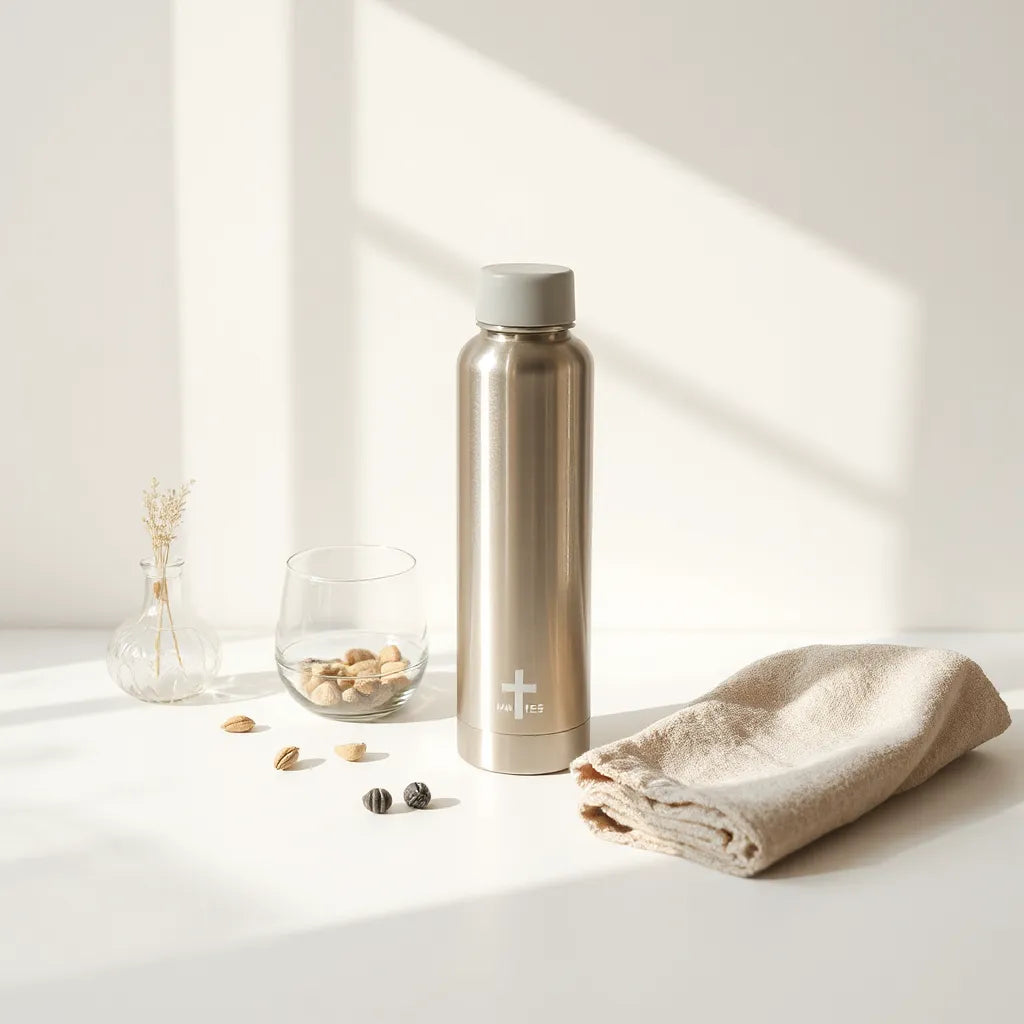 Pentecostal water bottle with lid on a neutral background in soft natural light