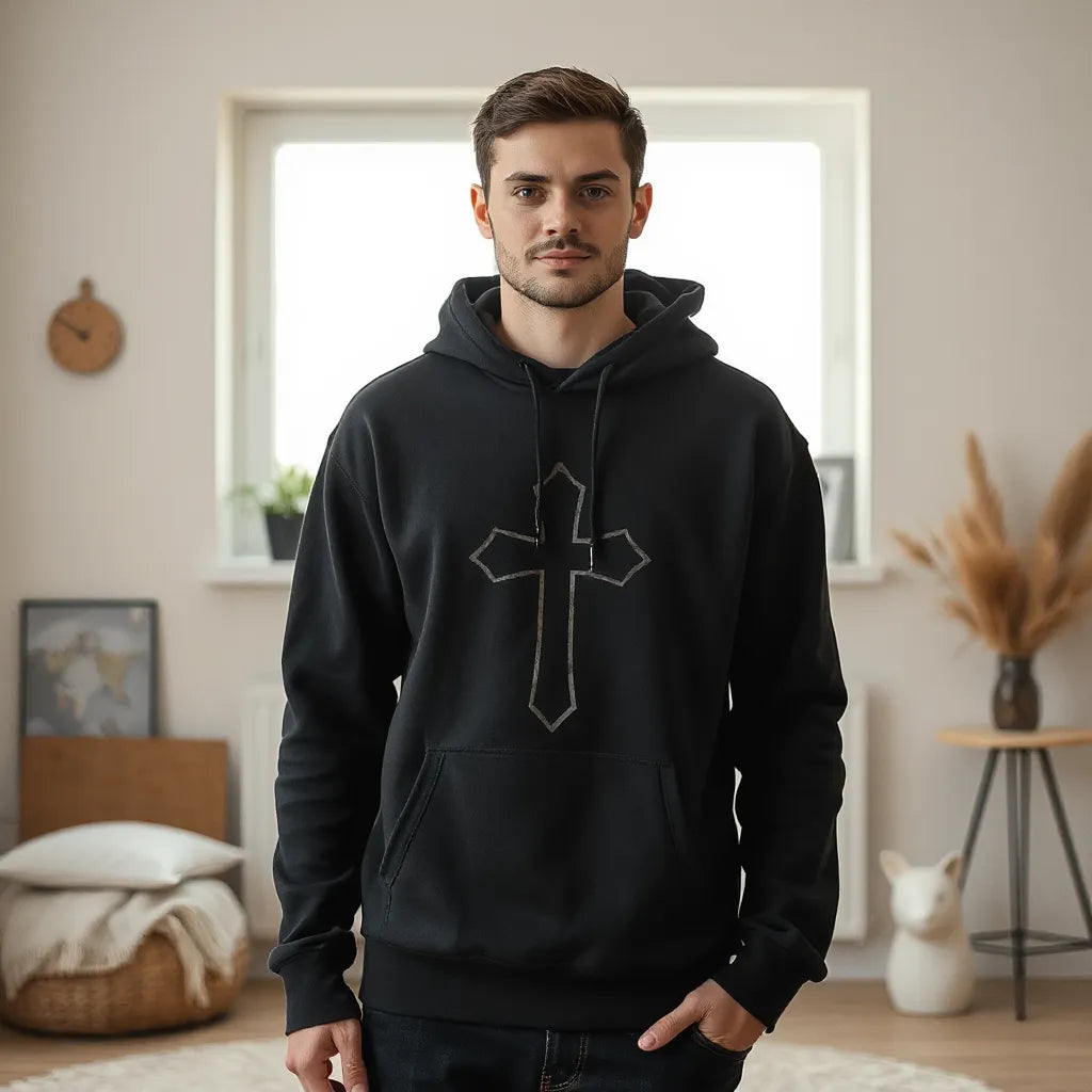 Person wearing a dark hoodie with a subtle cross graphic in soft natural light