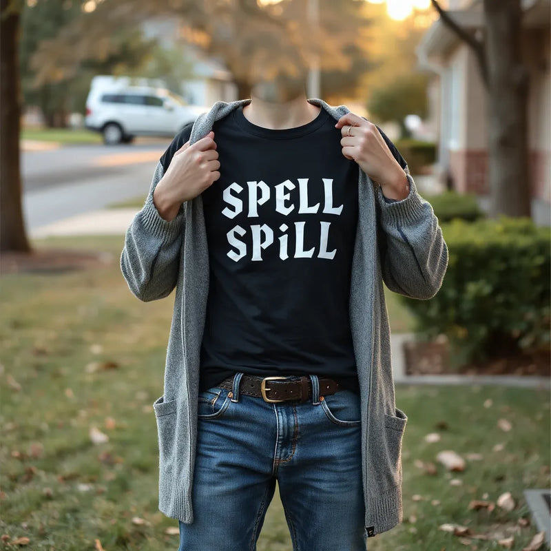 Casual outfit featuring a graphic spell-themed tee styled with cardigan and jeans in soft natural light