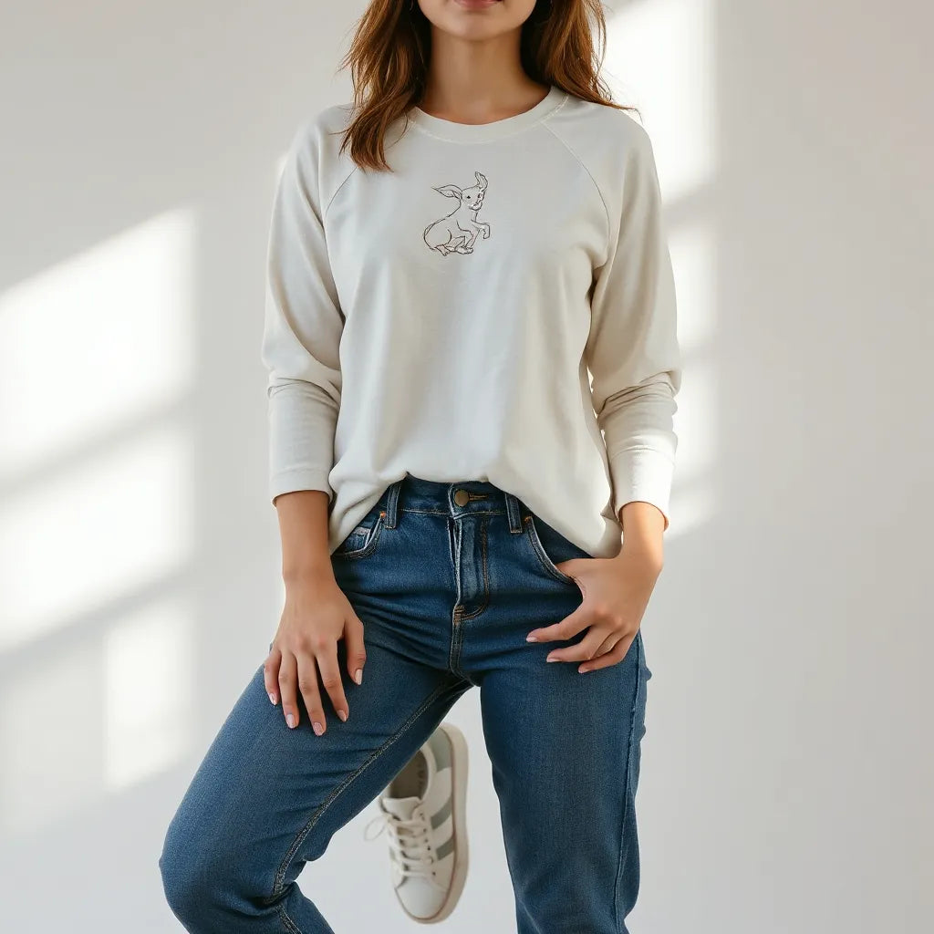 Person wearing a subtle Virgo-themed raglan shirt styled with casual jeans and sneakers